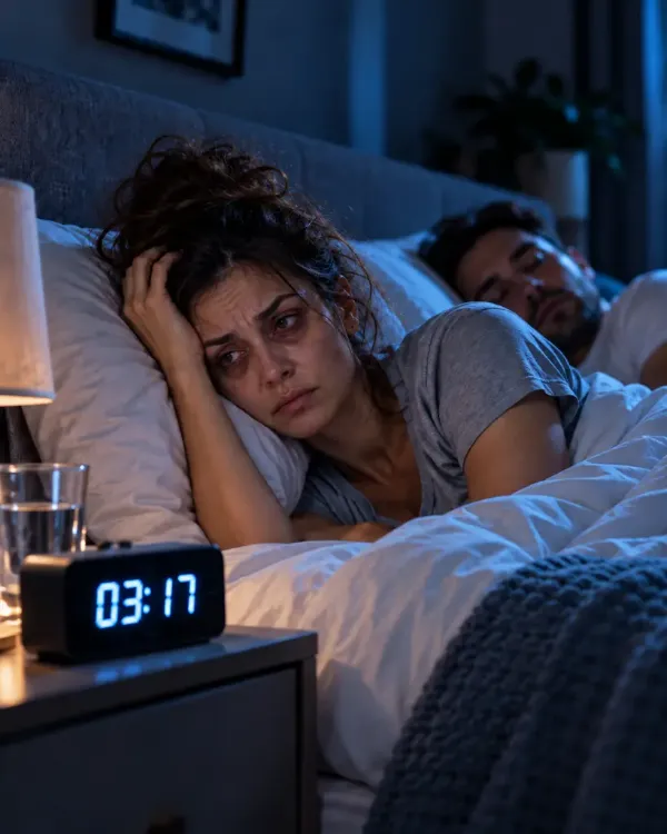 Mulher acordada às 3h17 da madrugada, exausta